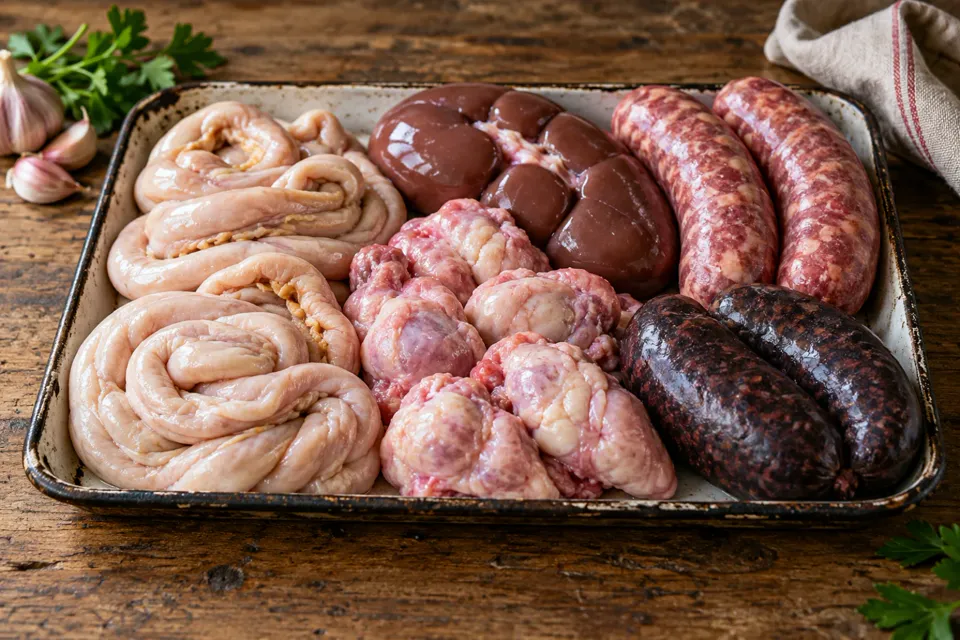 Achuras crudas en una bandeja: chinchulines, mollejas, riñón, chorizo y morcilla