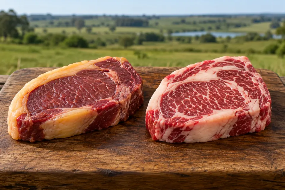 Dos bifes crudos lado a lado: el de la izquierda con grasa amarillenta y el de la derecha con grasa blanca y más veteado