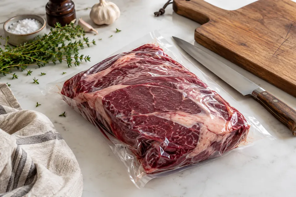 Corte de carne envasado al vacío sobre una mesada