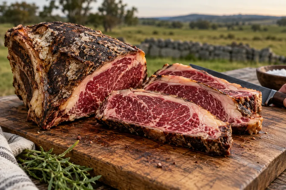 Bife ancho madurado en seco junto a bifes recién cortados
