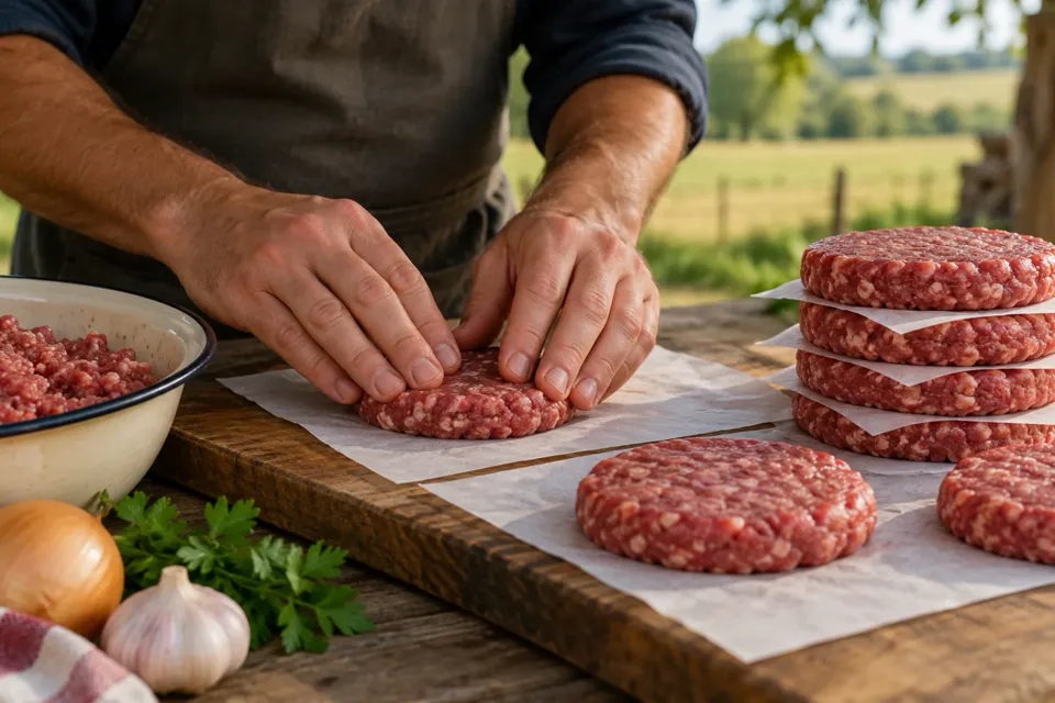 Manos armando hamburguesas caseras con carne picada