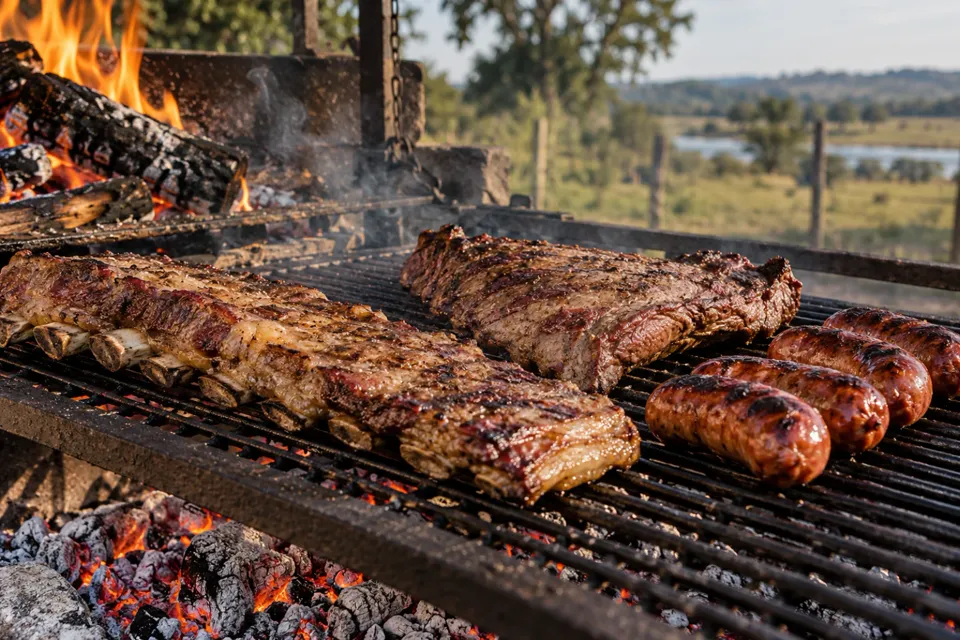 Tira de asado, vacío y chorizos en una parrilla con brasas
