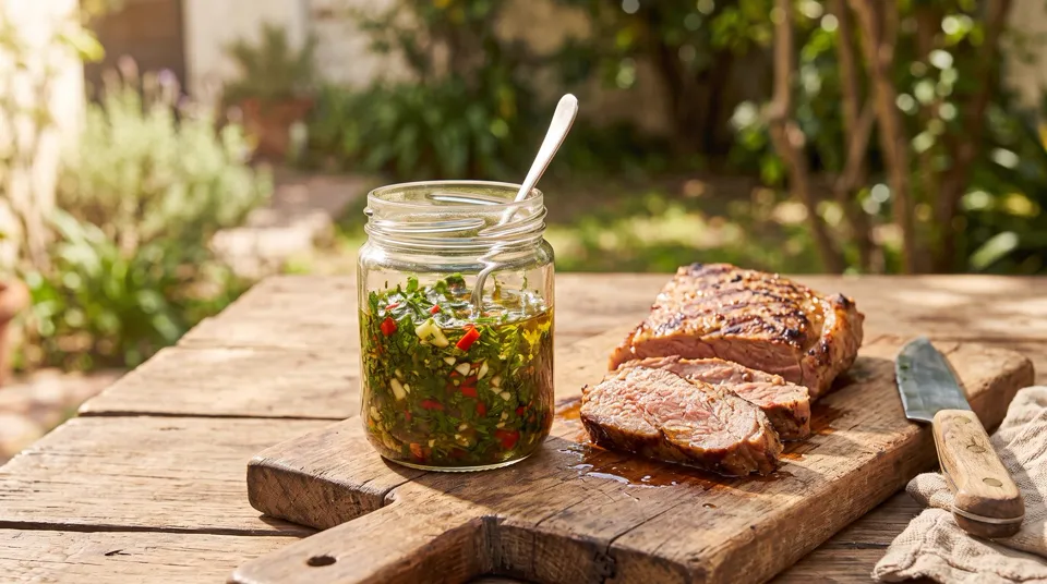 Frasco de chimichurri casero junto a un vacío en fetas