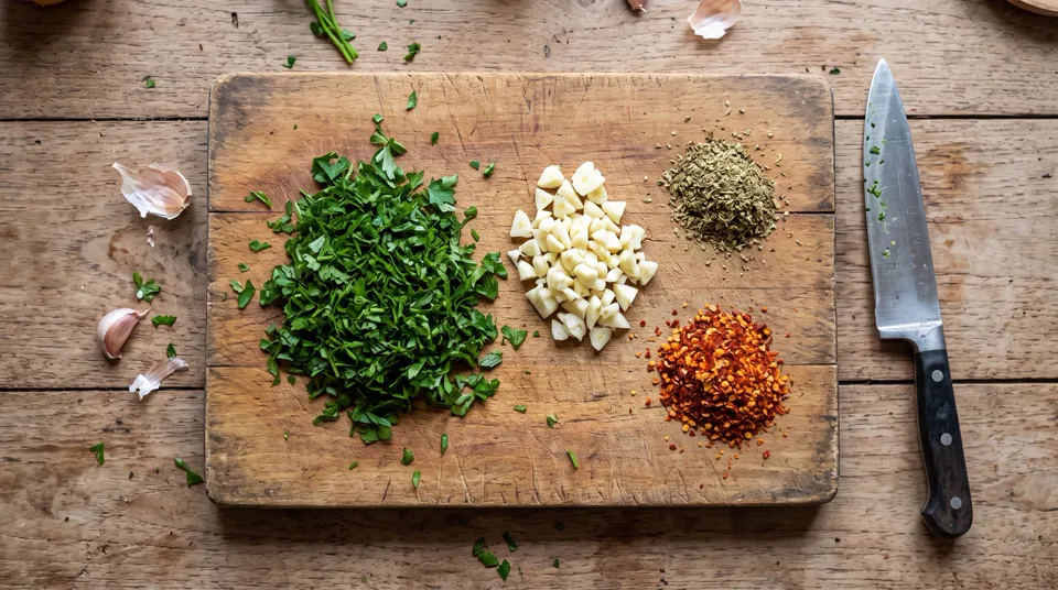 Perejil, ajo, orégano y ají picados en una tabla, listos para el chimichurri