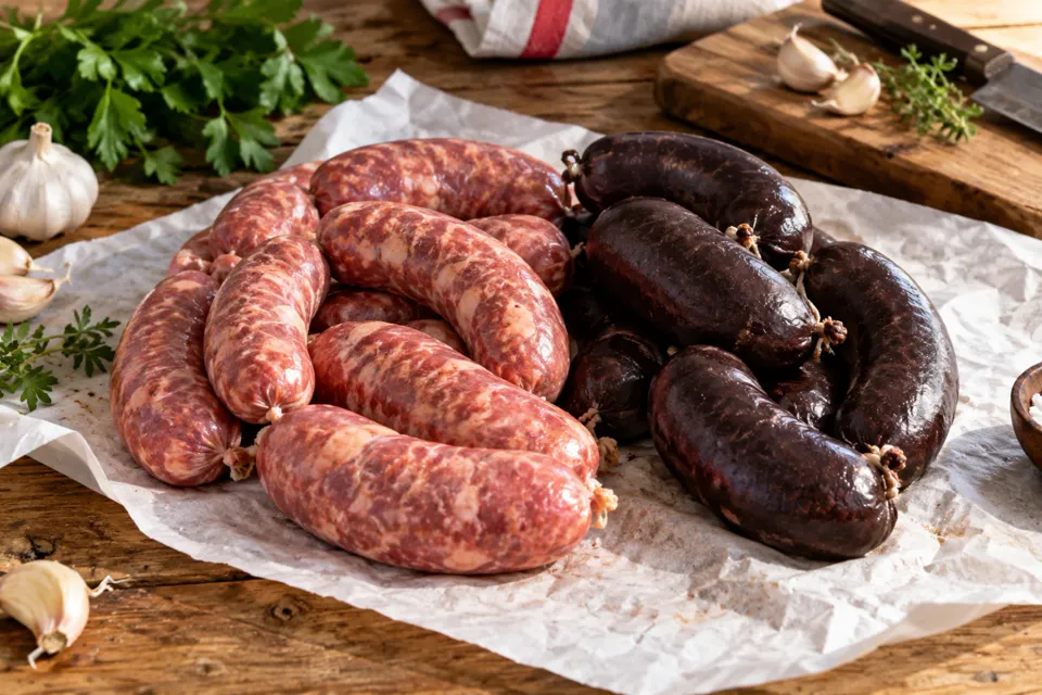 Chorizos y morcillas crudos sobre papel de carnicería