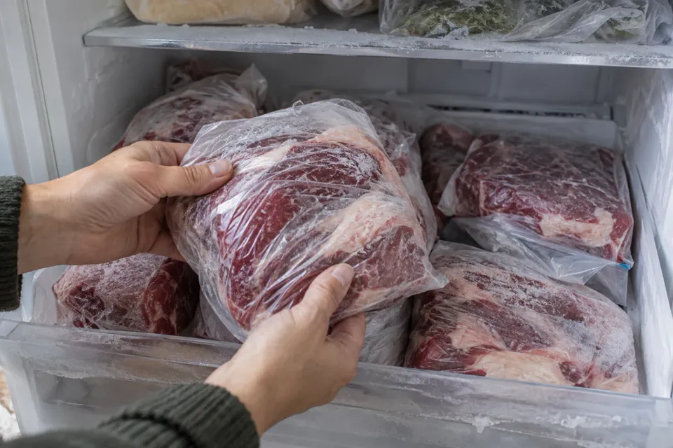 Porciones de carne envueltas en bolsas dentro del freezer