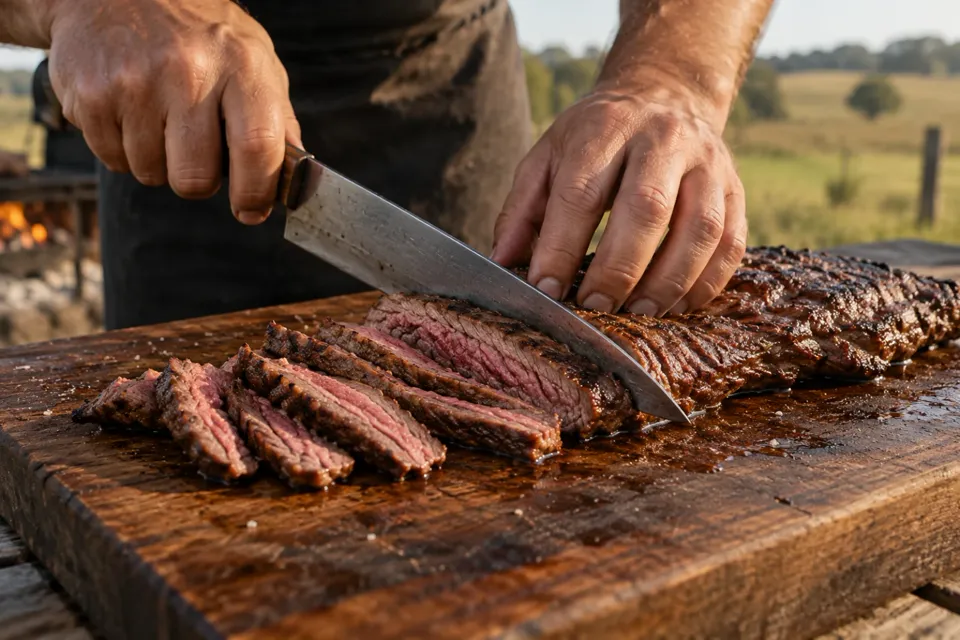 Manos cortando carne asada en fetas contra la fibra