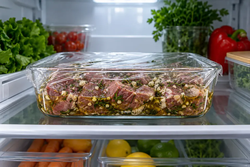 Carne marinando con ajo y hierbas en un recipiente tapado dentro de la heladera