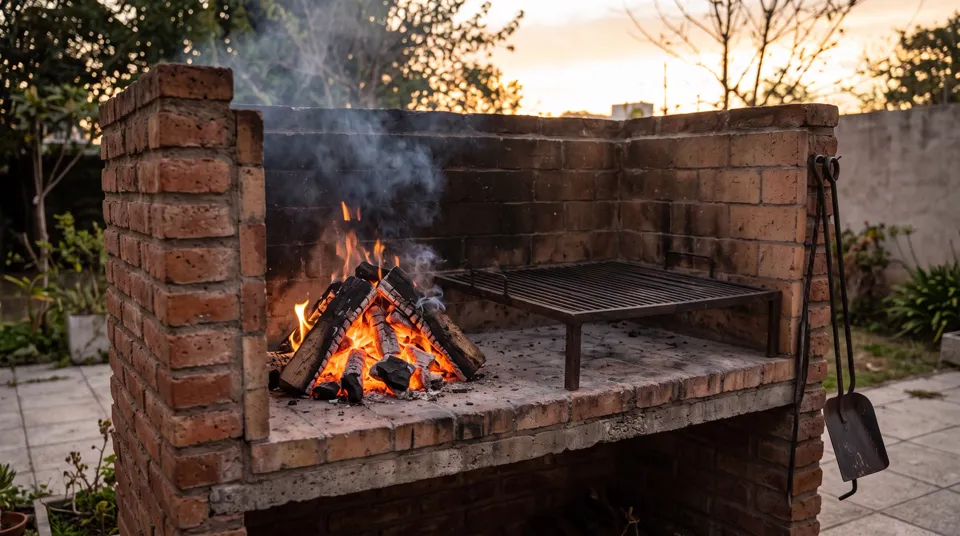 Fuego de leña encendido al costado de una parrilla todavía vacía