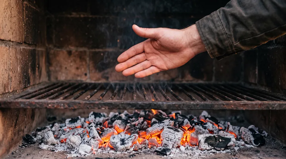 Mano sobre la parrilla para medir el calor de las brasas