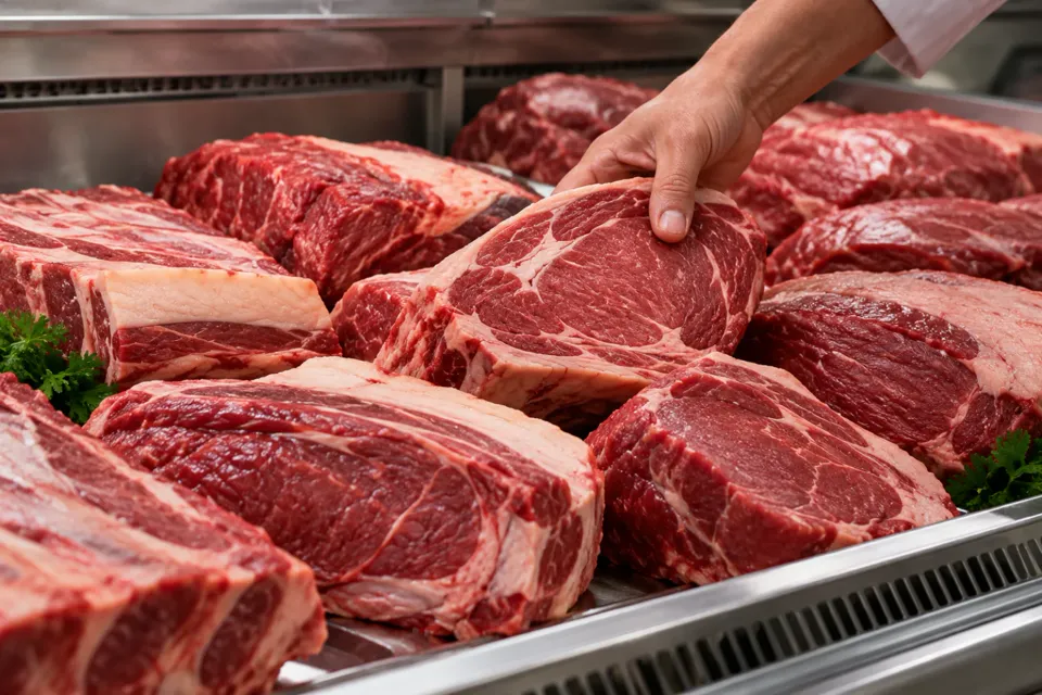 Cortes de carne fresca en una vitrina refrigerada