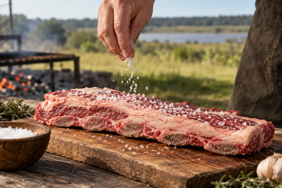 Mano salando con sal gruesa una tira de asado