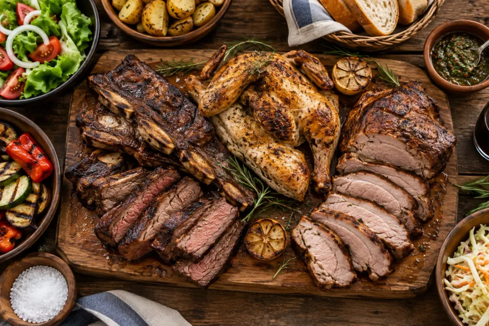 Mesa con asado, pollo y cerdo vista desde arriba