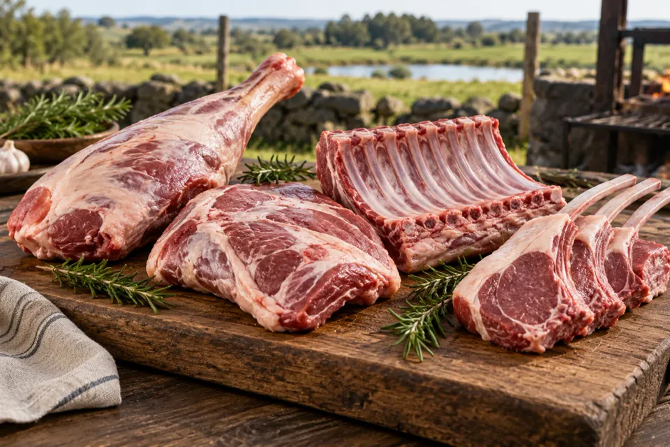 Cortes de cordero crudos: pierna, paleta, costillar y carré