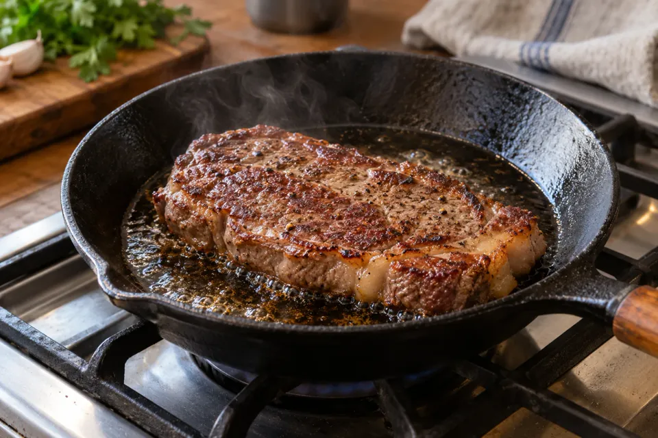 Bife dorándose en una sartén de hierro