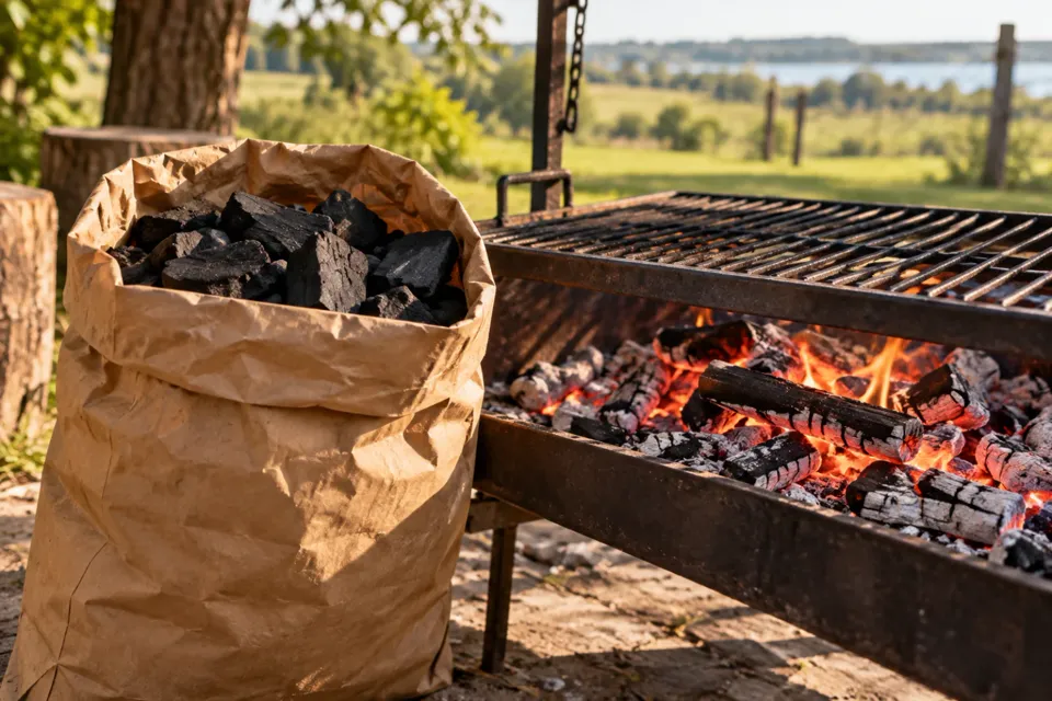 Carbón y brasas encendidas en una parrilla