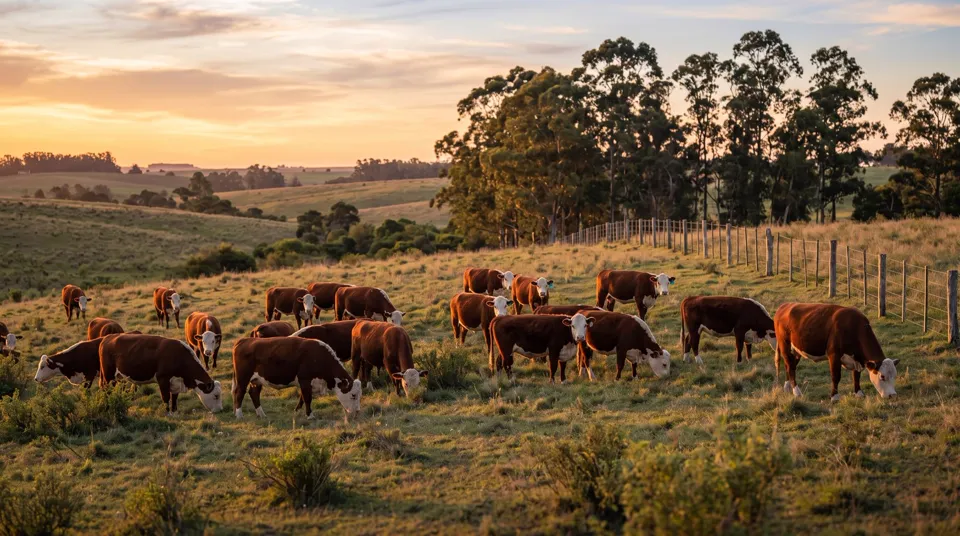 Novillos pastando en un campo al atardecer