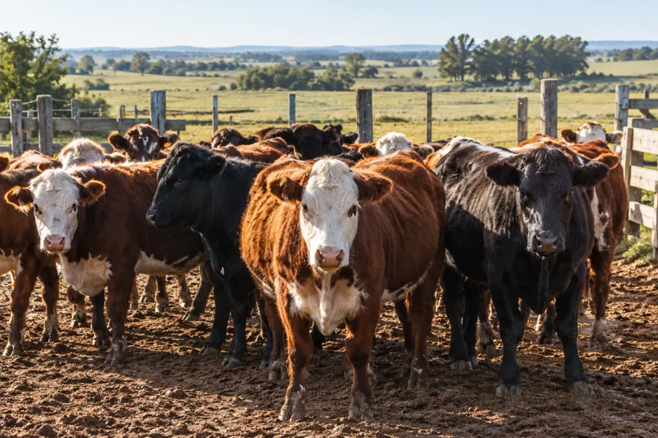 Vacas y novillos en un corral de campo