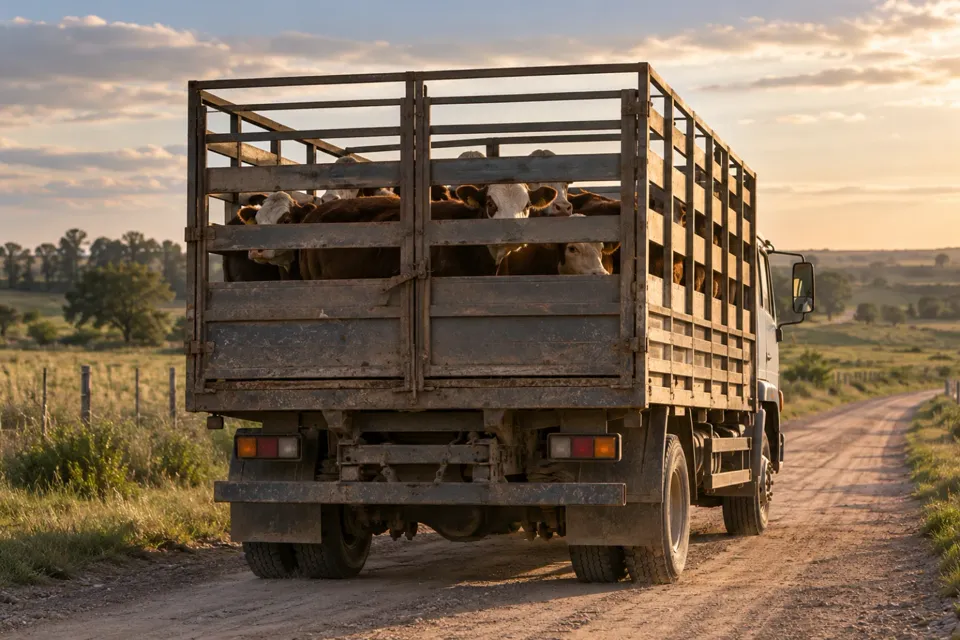 Camión con ganado en un camino rural