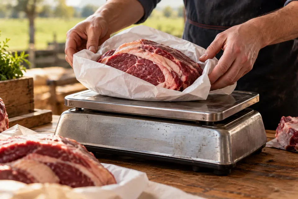 Carne sobre una balanza de carnicería
