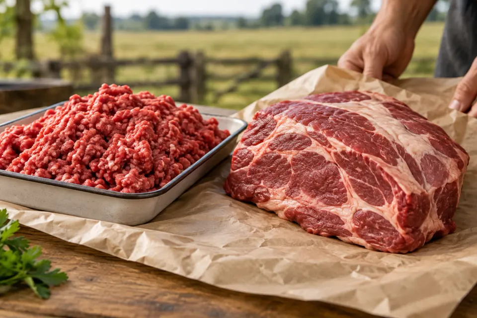 Carne picada fresca junto a un trozo de carne entero