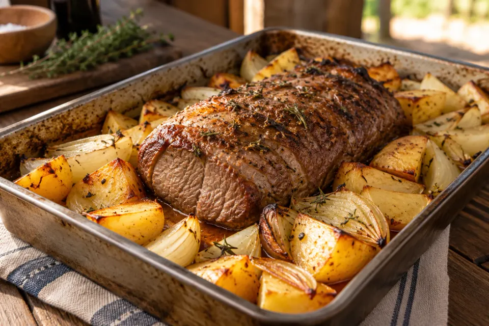 Peceto al horno con papas en una asadera