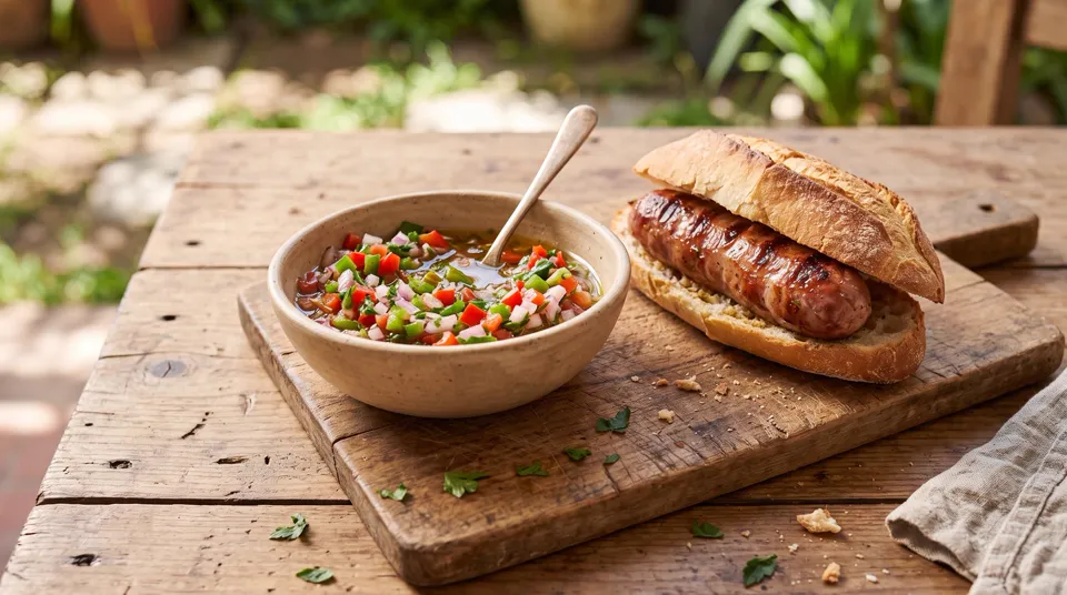 Bol de salsa criolla con morrón y cebolla picados junto a un chorizo al pan