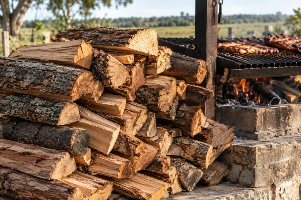 Leña seca partida y apilada junto a una parrilla